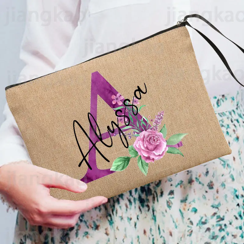 Personalized Name Cosmetic Bags Women Neceser Makeup Bag Linen Zipper Pouches Travel Toiletry Organizer Mujer Bolsa Gifts