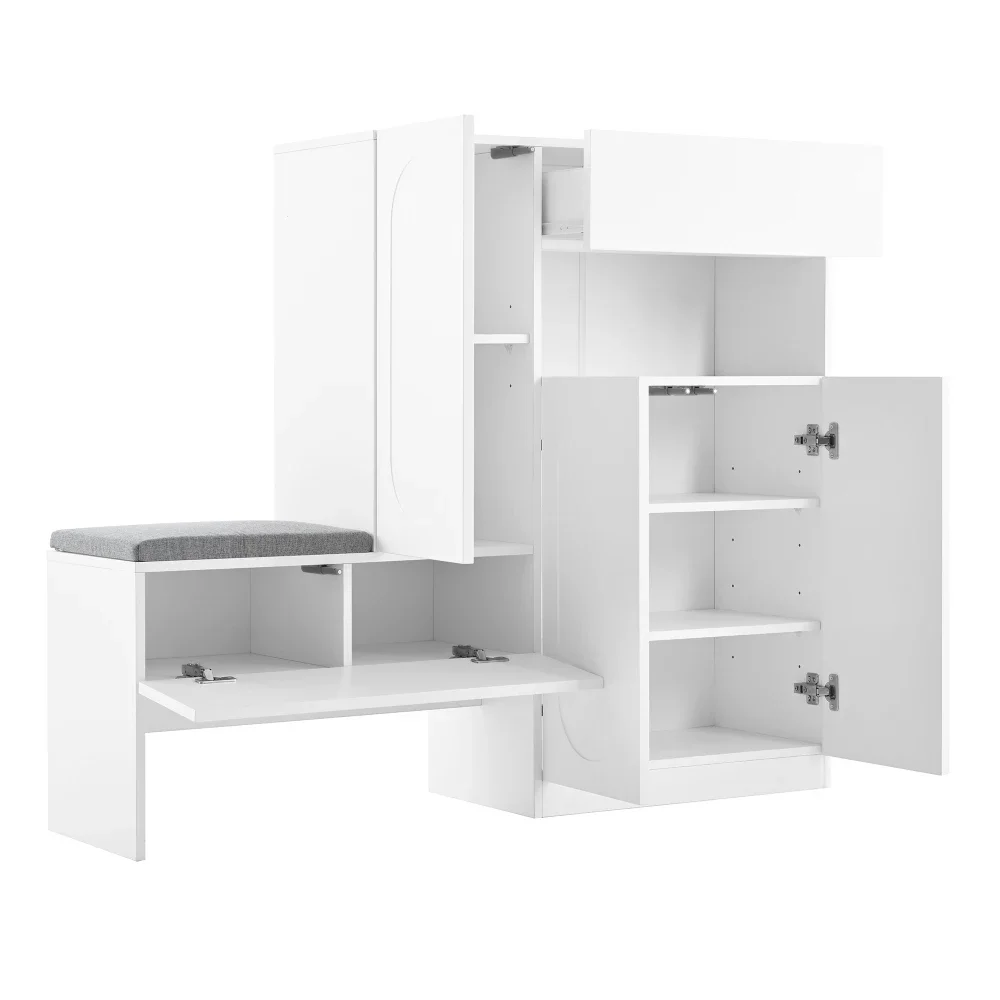 Schuhschrank mit gebogenen Türen, Klapptür mit Soft-Close-Funktion, höhenverstellbaren Fächern und gepolstertem Sitz – Detail 20