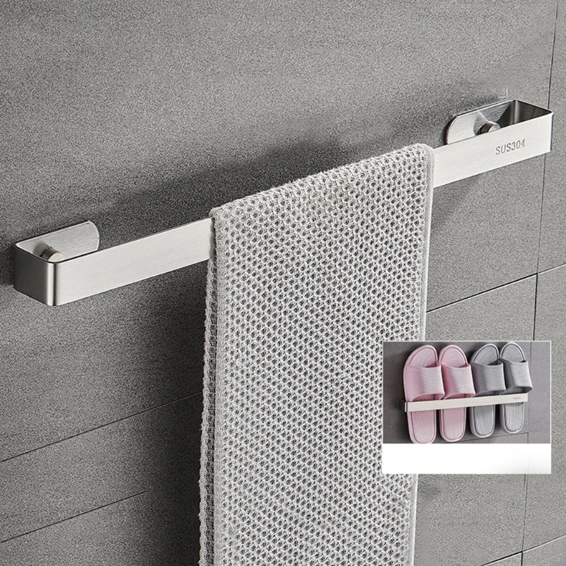 Simple Towel Rack Bathroom Storage Shelf Wall Mounted Towel Holder Stainless Steel Slippers Rack Waterproof Dropship