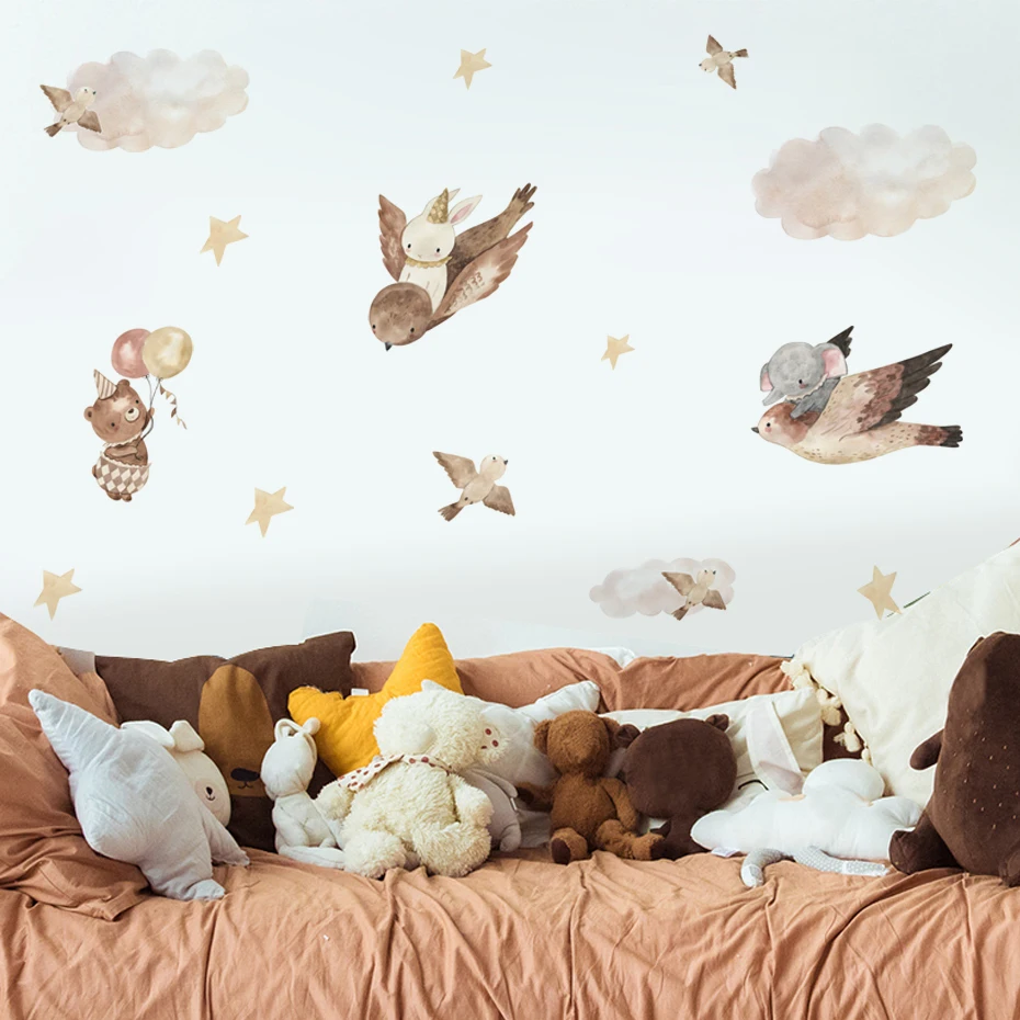 Nordic Boho Watercolor Animal Bear Birds Wall Stickers for Kids