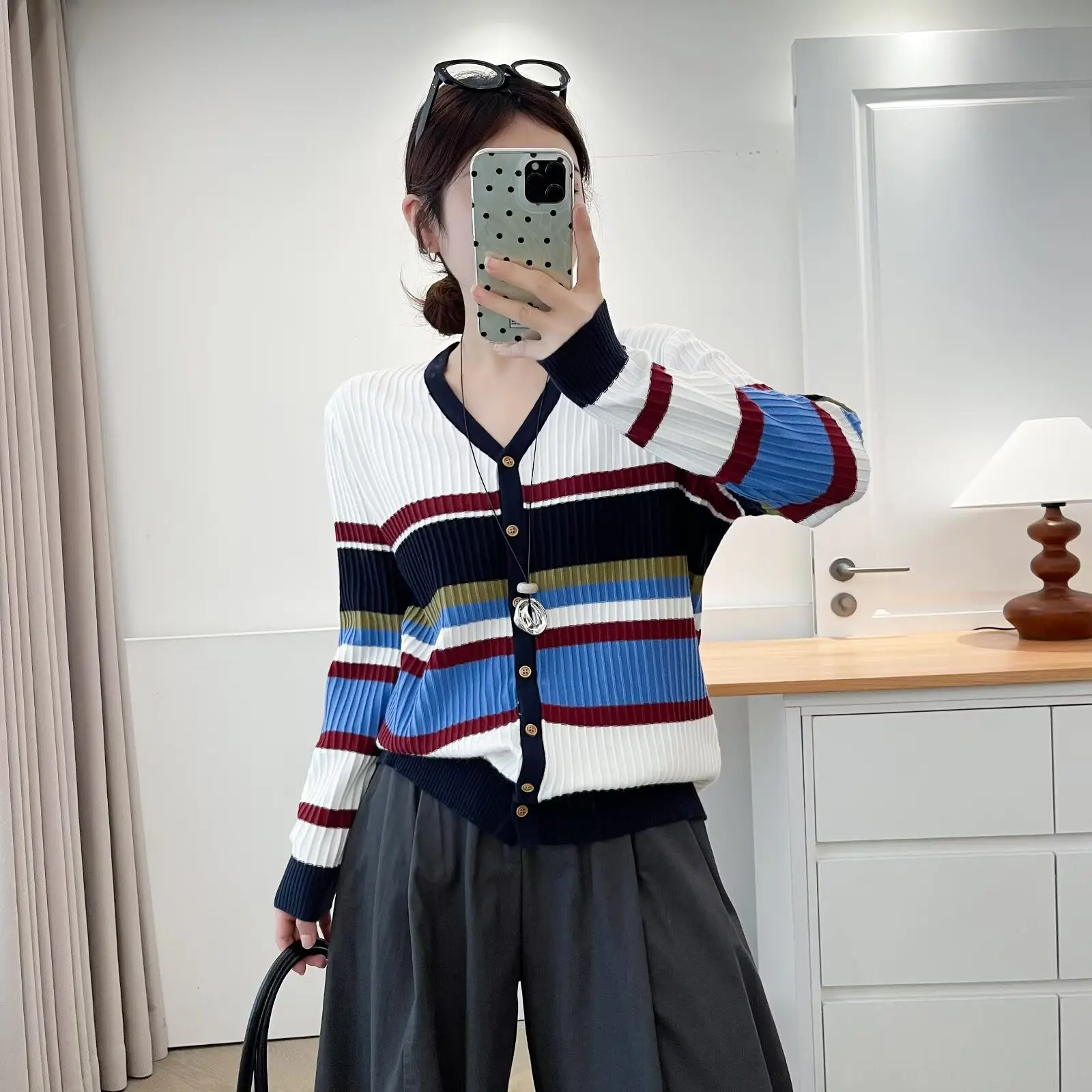 Fashion Plus Size Women's Cardigan Sweater Autumn New Style Elegant And Casual V-neck Two Color Striped Knitted Jumpers 2560