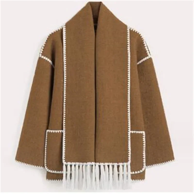 New Loose Women's Coat With Scarf Long Sleeve Pocket Single Breasted Female Coats 2023 Autumn Winter Fashion Lady Street Jacket