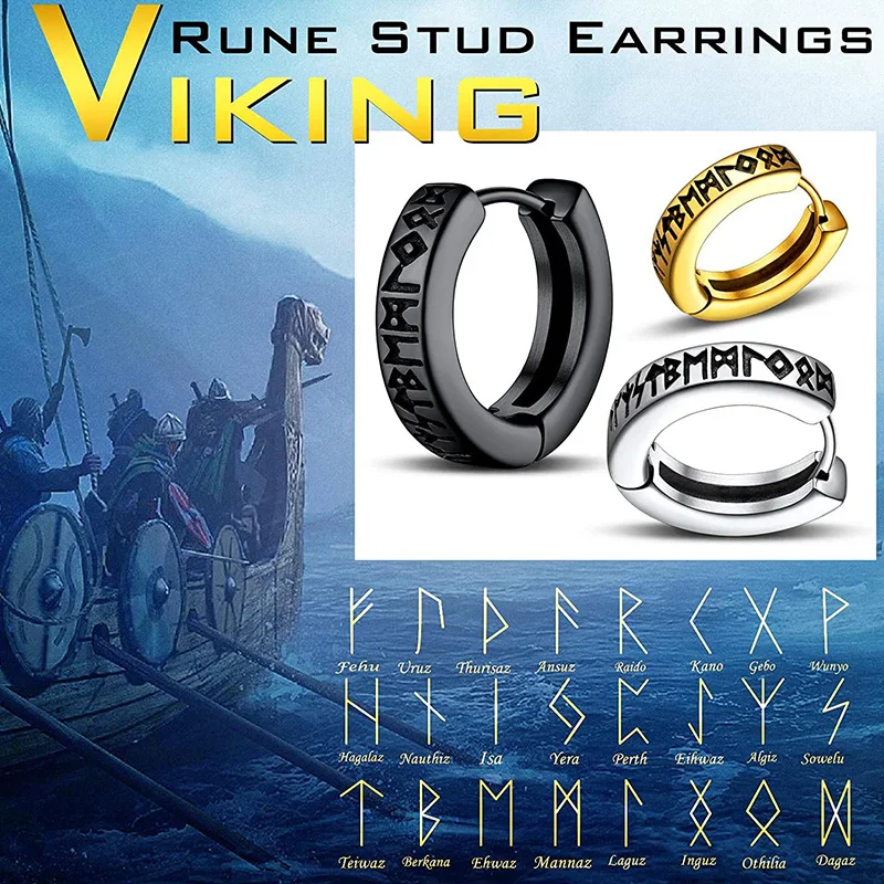 Stainless Steel Norwegian Viking Rune Hoop Earrings For Men Woman Unisex 12 Mm Huggie Hoop Religious Jewelry