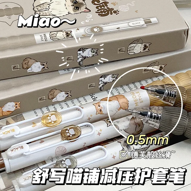 4Pcs/set kawaii Pet cat Gel Pens 0.5Mm Black Ink Quick-Dry Ballpoint Writing Pens Kawaii Stationery School Office Supplies 6