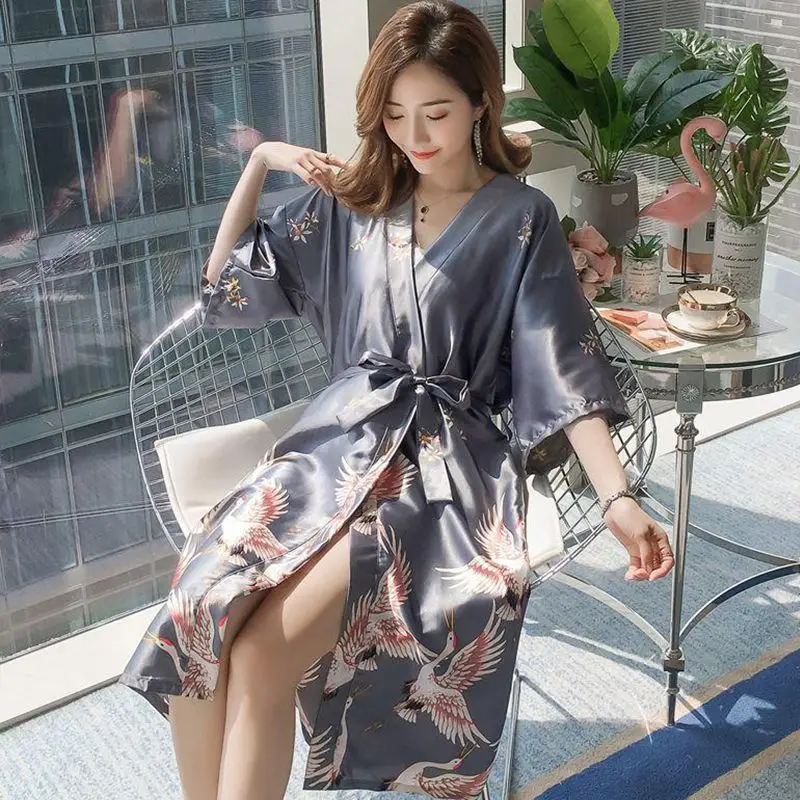 2pcs Women's Nightgowns Ice Silk Sexy Nightdress Sling Dress Home Dressing Gowns Spring Autumn Robe Sleepwear Nightwear Pajamas