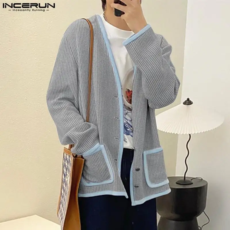 INCERUN 남성용 니트 가디건 블라우스, 패치워크 대비 질감 셔츠, 레저 스트리트웨어, 한국 스타일 상의, S-5XL, 2023