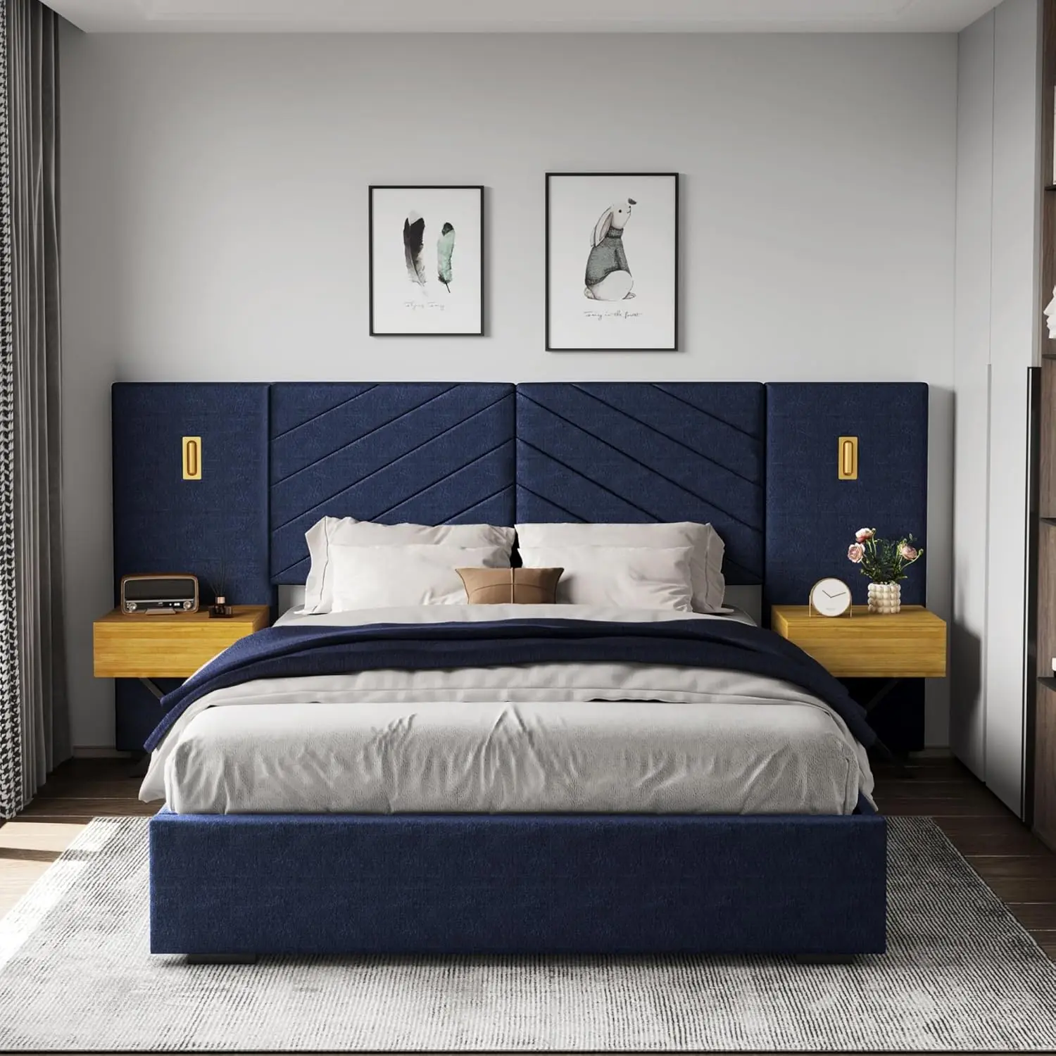 Bed Frame with Built-in Gold LED Lights and Nightstands, King Size Platform Bed with Oversize Upholstered Headboard, No Box