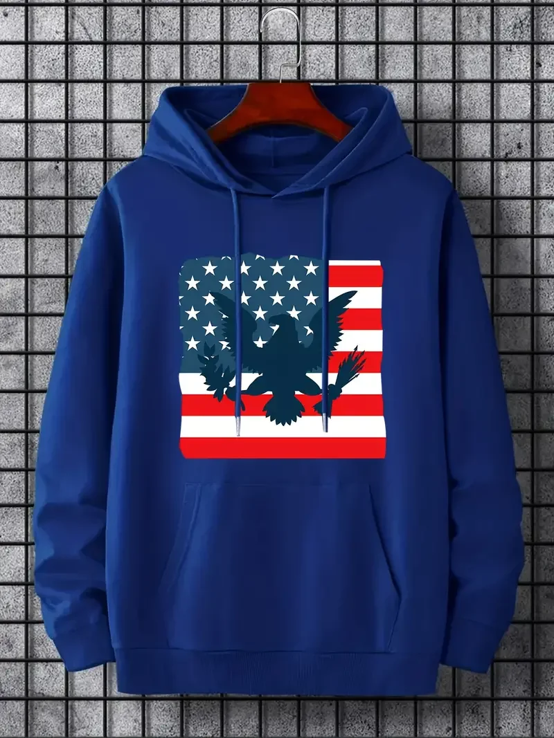 

Plus Size Men's Eagle & US Flag Print Hooded Sweatshirt Oversized Hoodies For Sports/workout/outdoor, Autumn/winter Tops For Big