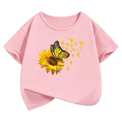 Butterfly Flower Design Girls' Summer Short Sleeve T - Shirt - 160 (PINK)