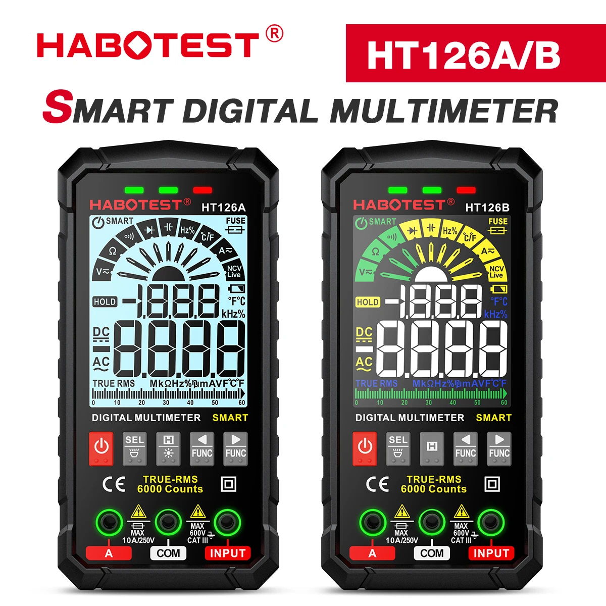 HABOTEST Digital Multimeter HT126B, 600V auto range DMM voltmeter true RMS AC DC NCV voltage meter 6000 counts smart multitester