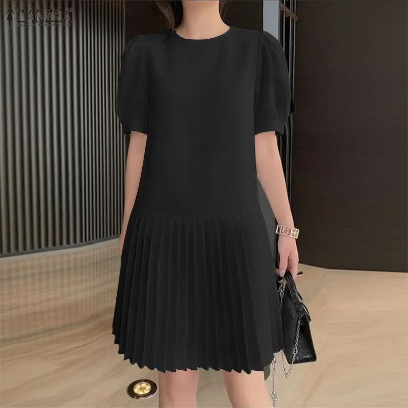 Fashion ZANZEA Summer Short Sleeve Women Dress Puff Sleeve Solid Color Pleated Dresses O Neck OL Work Party Vestidos Streetwear 3
