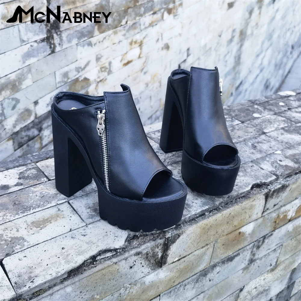 

Platform Chunky Heel Slippers Skull Zipper Leather High Heels Peep Toe Slip On Summer Shoes Fashion Punk Style Slippers for Lady