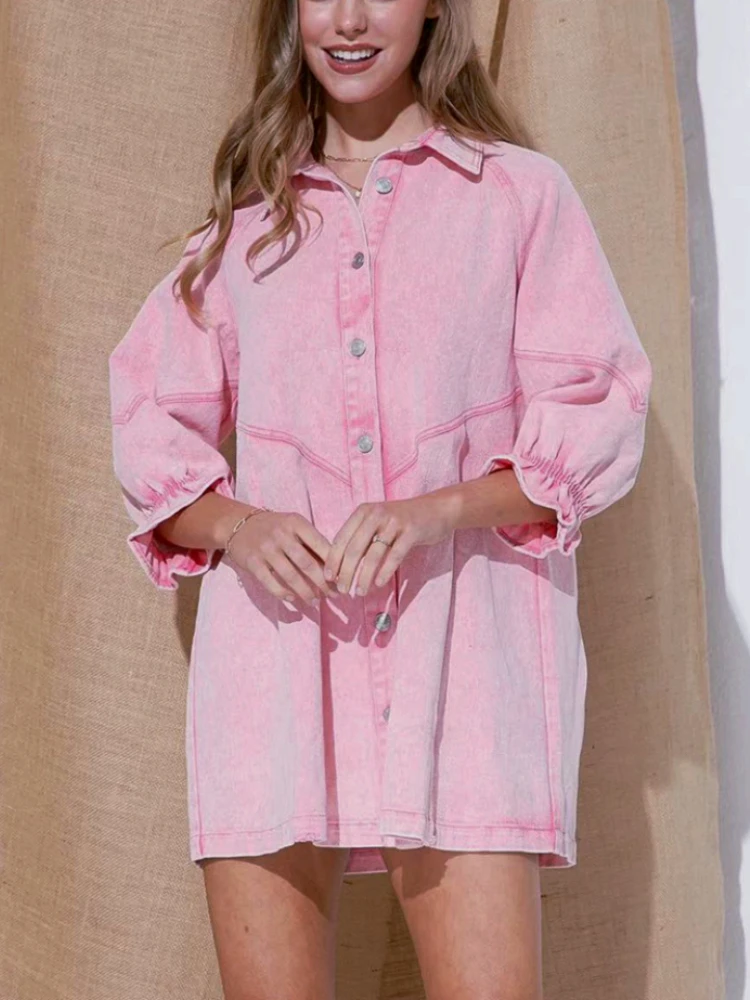 

Summer Vintage Womens Dresses Fashion Thin Denim Dress Loose Lantern Sleeve Shirt Dress Streetwear Mini Dresses For Women 2023