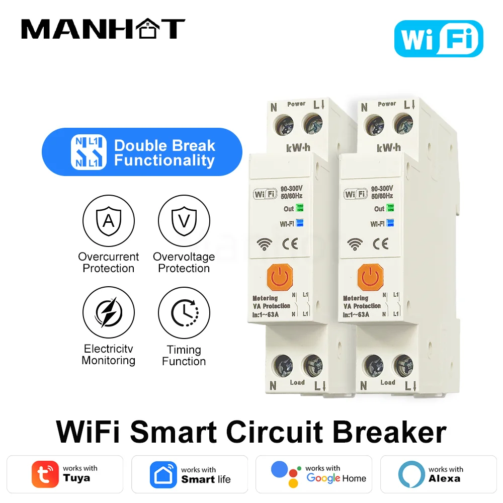 MANHOT Taya 63A WIFI 스마트 차단기 전압 및 전류 보호 기능이 있는 스마트 스위치 타이머 N+L 컷 WiFi 회로 차단기