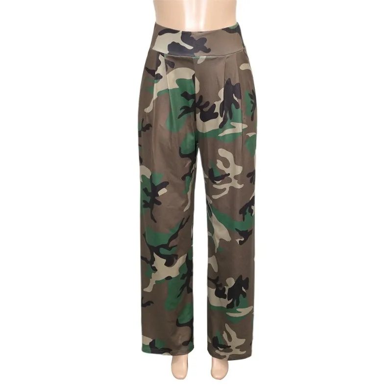 Camouflage Printed Elastic Waist Wide Leg Pants for Women 2023 Autumn Casual Loose Pleated Trousers Streetwear