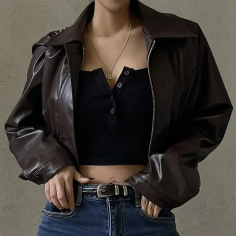 Faux Leather Jacket Women Fashion Brown PU Oversized Jacket Turn-Down Collar Zipper Cropped Jacket Coat Autumn Winter 2024