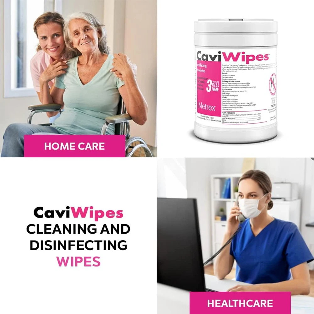 Lingettes désinfectantes CaviWipes utilisées pour nettoyer un plan de travail de laboratoire.