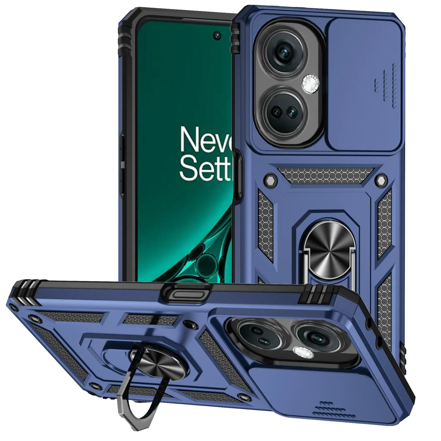 Armor Shockproof Phone Case with Metal Ring Holder and Slide Camera Lens Protector