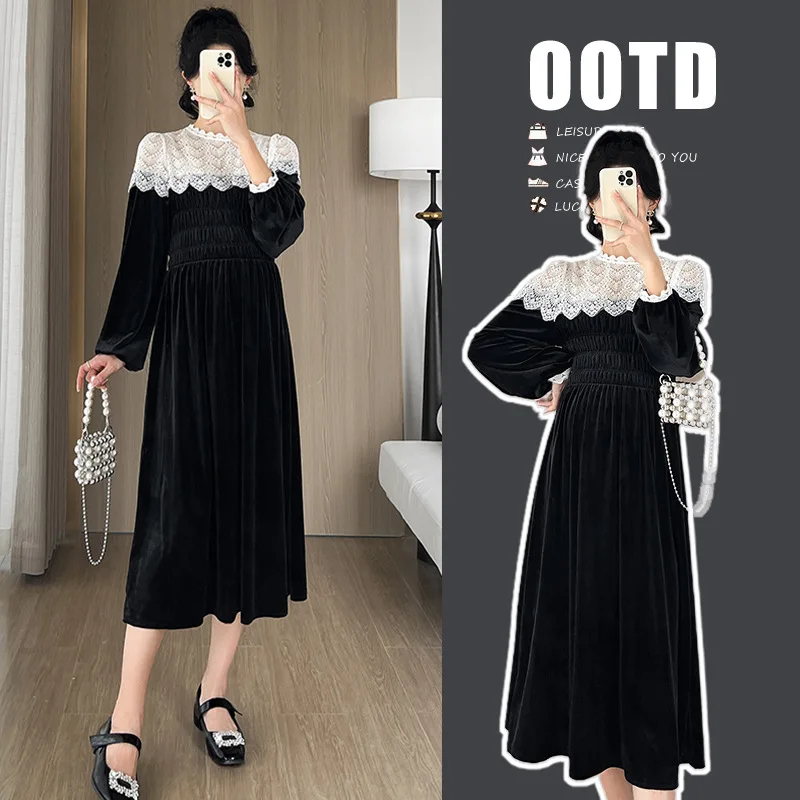 

Maternity Dress New Spring Autumn Clothes For Pregnant Women French Elegant Lace Splice Velvet Spicy Mom Pregnancy Dresses