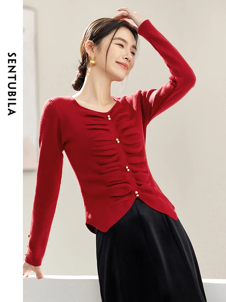 

SENTUBILA V-neck Fold Fashion Split Knitted Sweater 2024 Spring Female Knitwear Elegant Chinese Style Pullovers Tops W41E53512