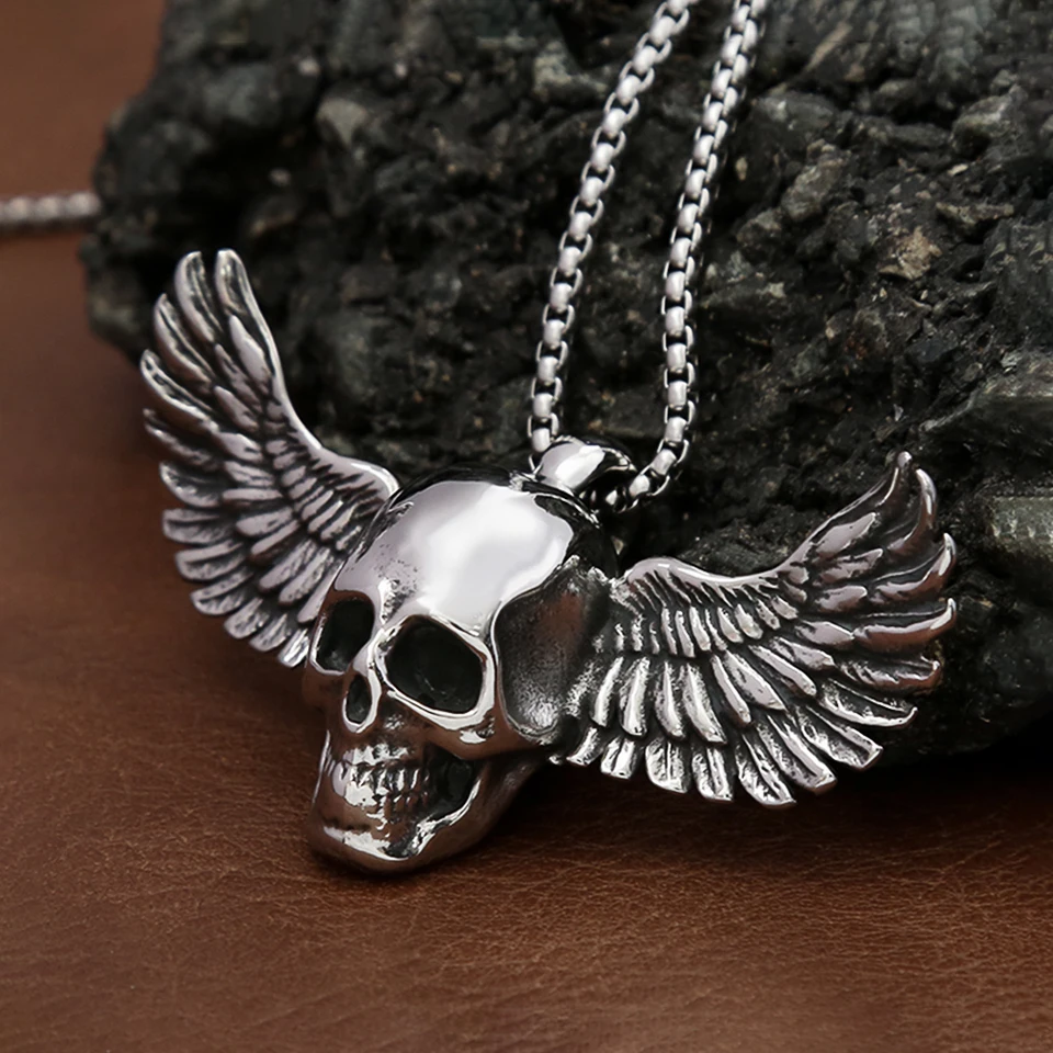 Big Size Stainless Steel Fallen Angel Wings Skull Pendant Necklace