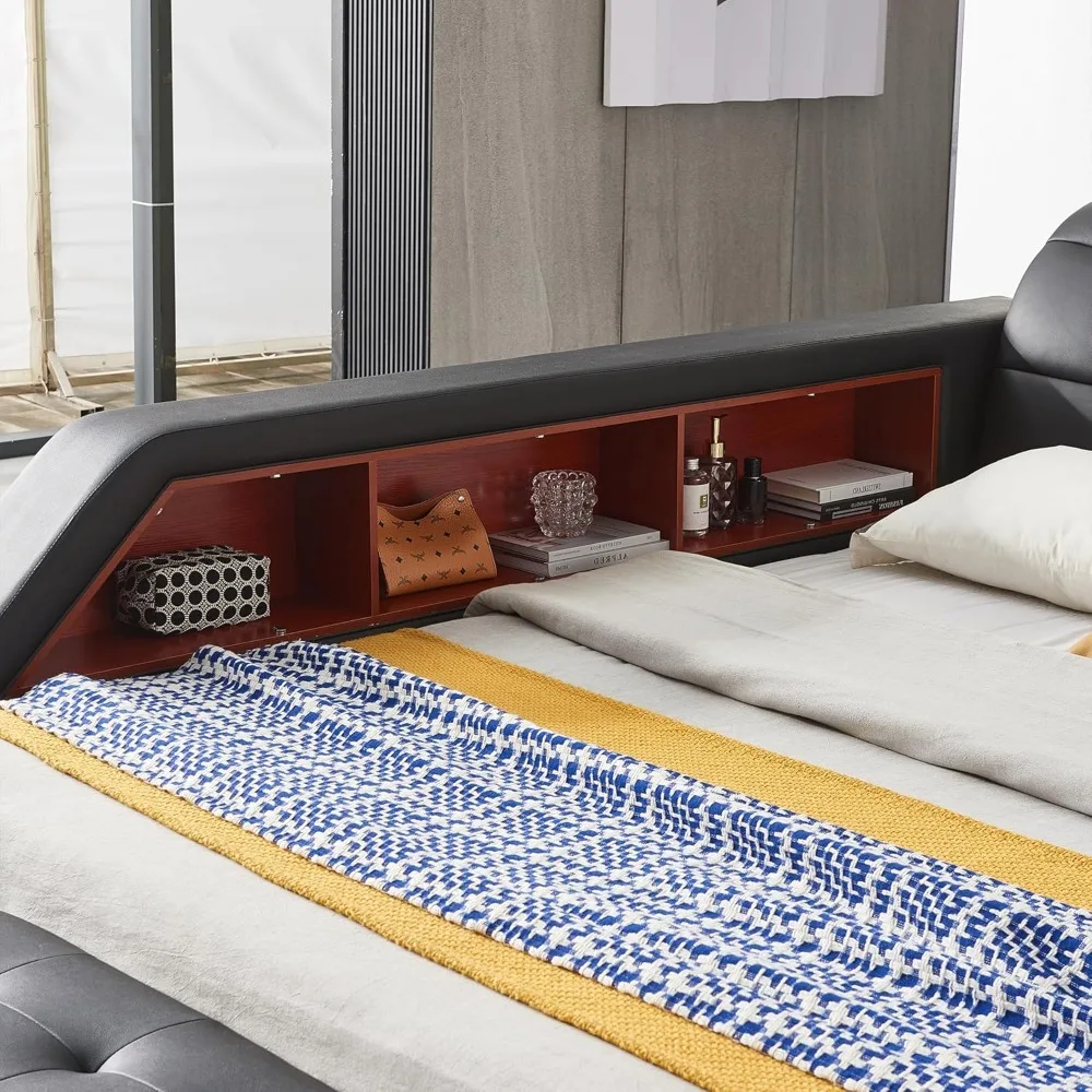 Multifunctional King Bed Frame, Modern Luxury Smart Bed with Massage Recliner on Right/Music Speaker/USB Port/Storage Drawers 6