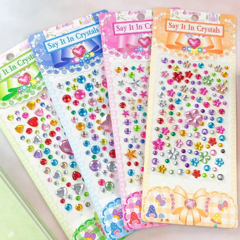 어린이용 크리스탈 아크릴 스티커, DIY 원석 다이아몬드, 오각형 러브 라운드, 자체 접착 스티커 장식, 세트당 4 개