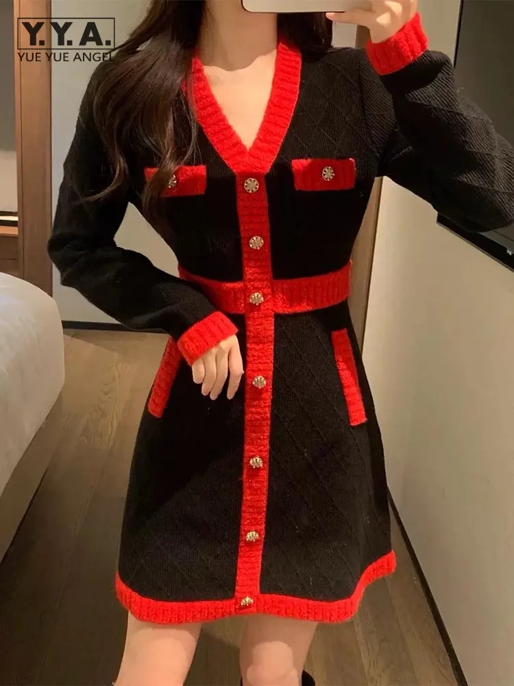 

Women Dress Spring Autumn V-Neck Slim Fit Vintage A-Line Short Dress Mixed Colors Black Office Ladies Elegant Knitting Dresses