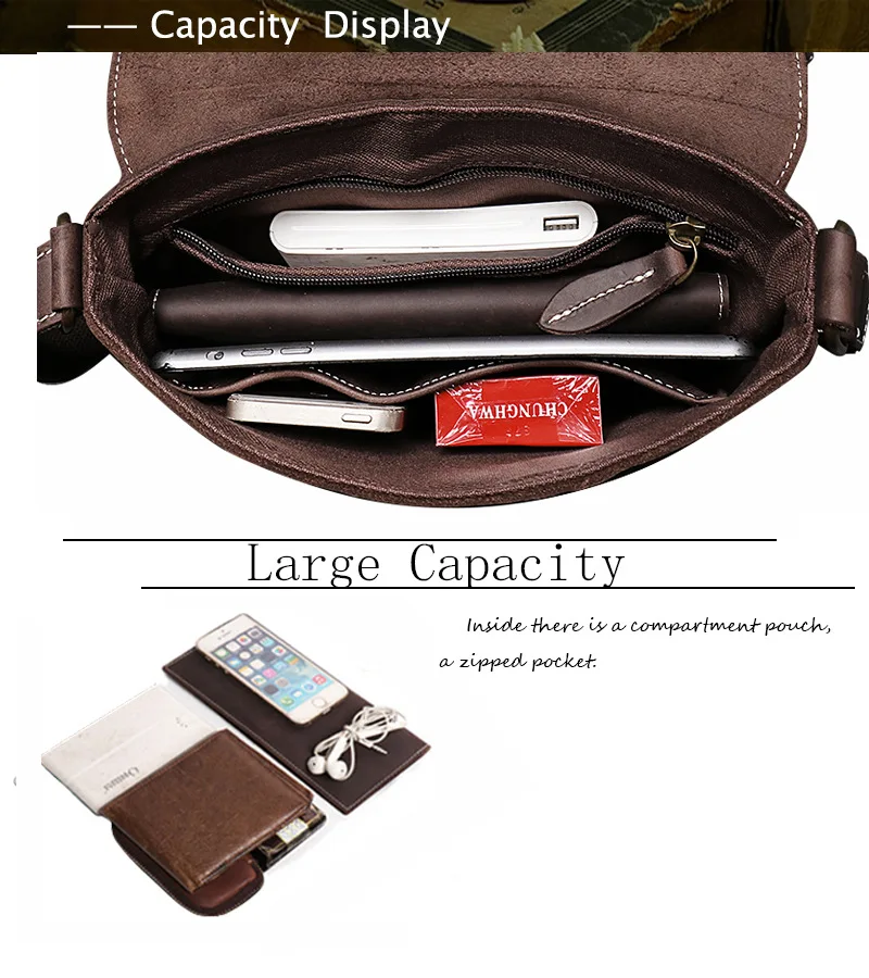 Men's Small Genuine Leather Bag New Simple Cowhide Shoulder Bag Crazy Horse Leather Crossbody Bag Large Capacity Messenger Bags