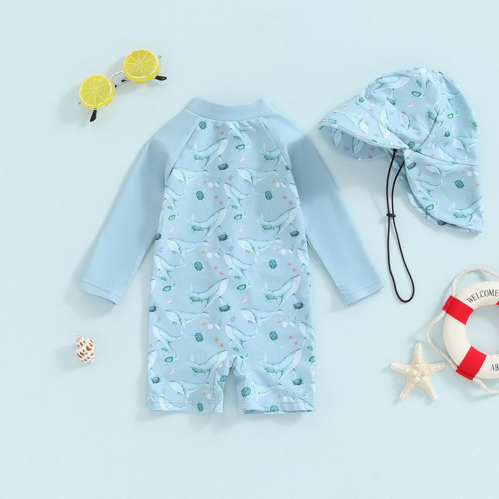Baby Boys Whale Print Summer Long Sleeve Swimwear Set Rash Guard Swimsuit Sun Hat Toddler Bathing Suit Outfit