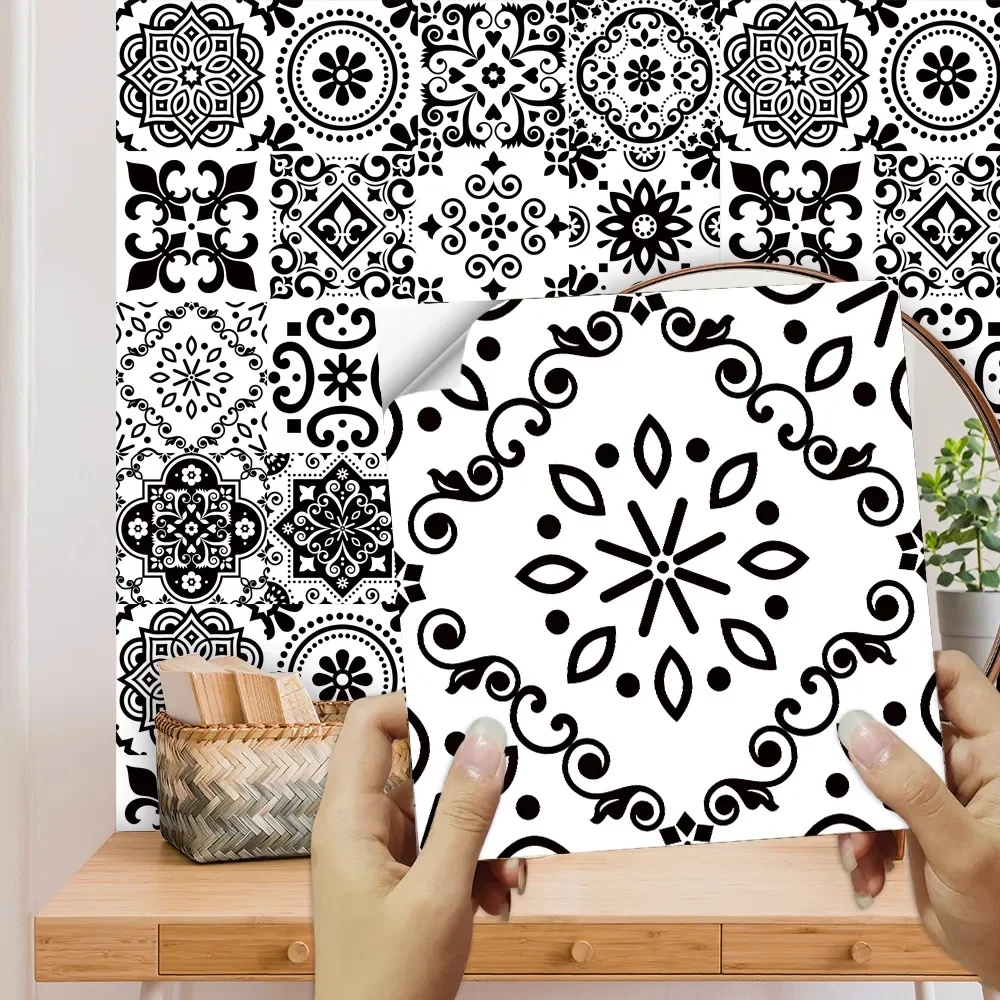 

16pcs/set Black & White Tiles Sticker Kitchen Backsplash Wardrobe Bathroom Waterproof Peel & Stick Bright Film Art Wall Decals