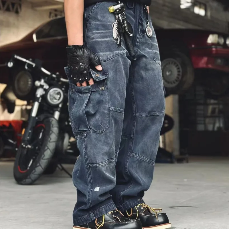 

Heavy-Duty Washed Overalls Men's Distressed Multi-Pocket Loose Straight Jeans Casual Pants