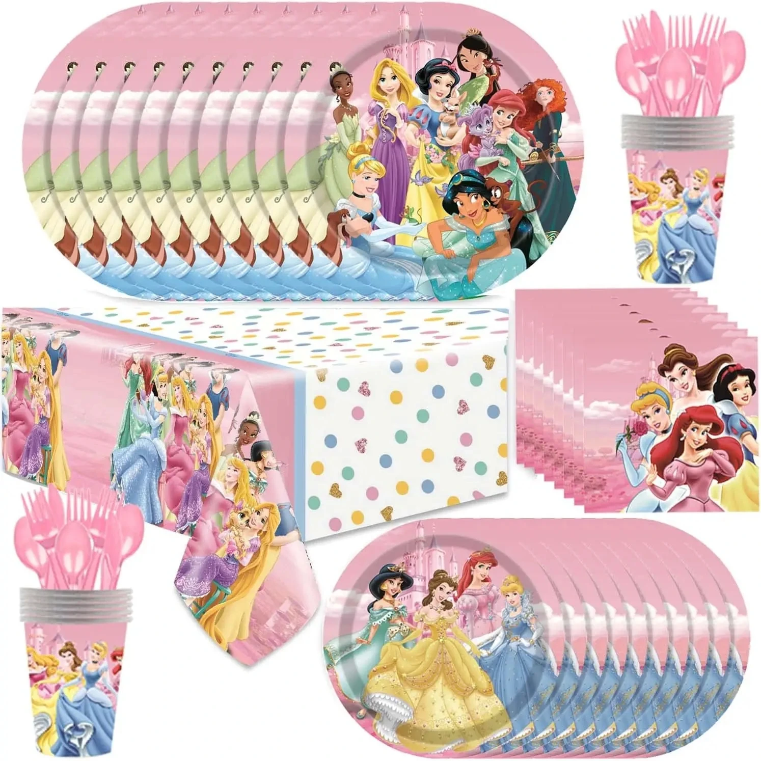 Party Tableware Disney Princess Theme Disposable Tableware Girl Birthday Party Supplies Cup Plate Tablecloth Set