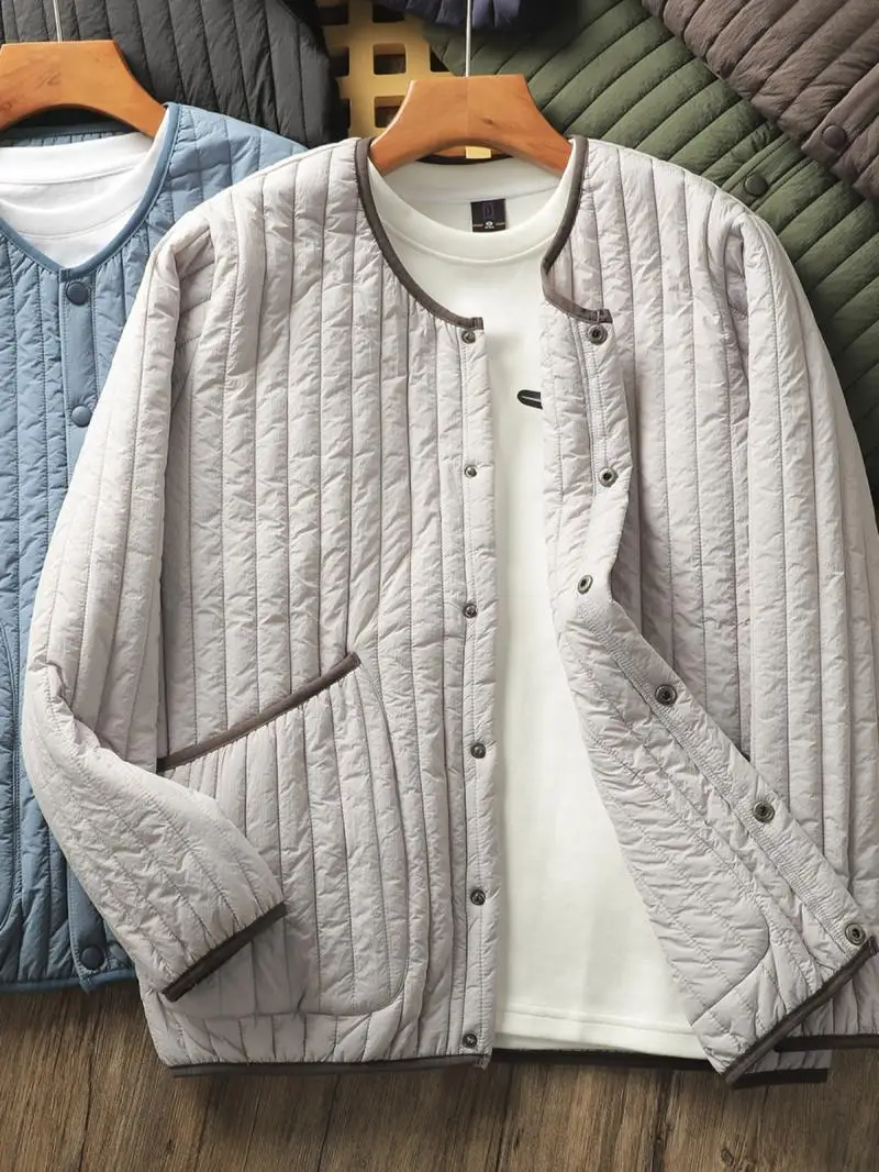 Autunno inverno Vertical Stripes Jacket uomo giapponese retrò spesso leggero o-collo grandi tasche Top Warm Stand Collar cappotto imbottito 1