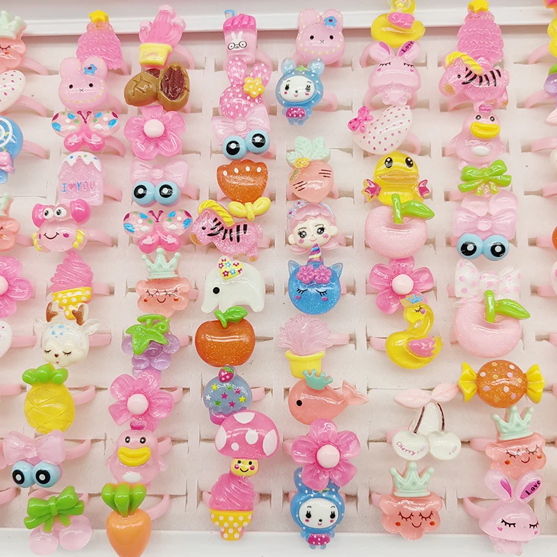 100pcs/Lot Factory Wholesale Open Adjust Child Finger Rings for Party Cosplay Show Resin Jewelry Cute Girls Animal Foods Fruits 6