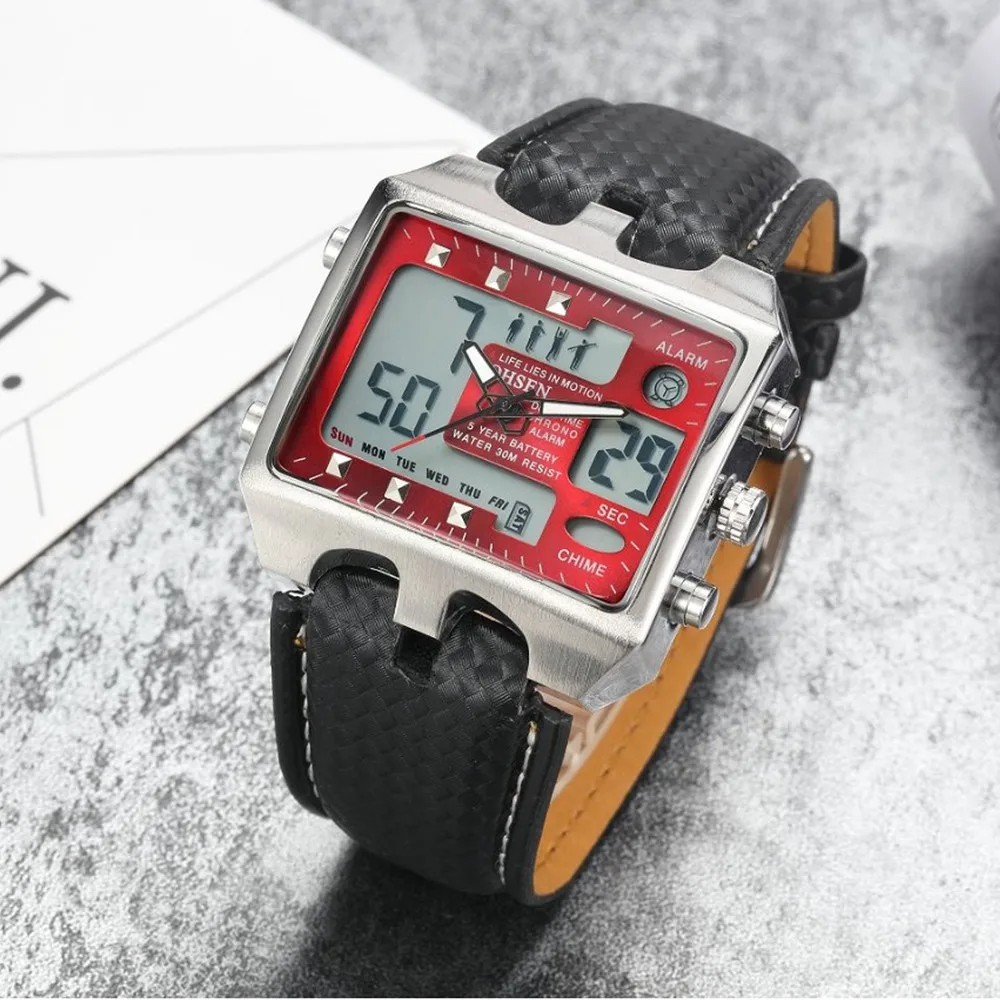 OHSEN Leather Strap Watches for Men Sport Quartz Waterproof Red Blue Military Digital Men's Watches Clock Relogio Masculino New