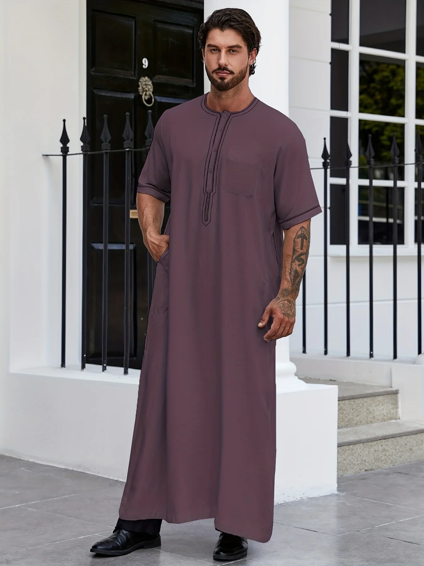 Men's Muslim Thobe Robe - Linen-Style Button-Down Prayer Clothing, Ramadan Henley Shirt, Islamic Attire For Men