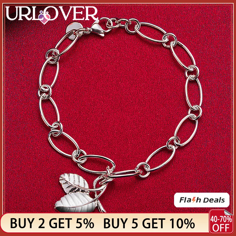 

URLOVER 925 Sterling Silver Leaves Pendant Chain Bracelet For Women Bangle Party Birthday Gift Cute Lady Fashion Charm Jewelry