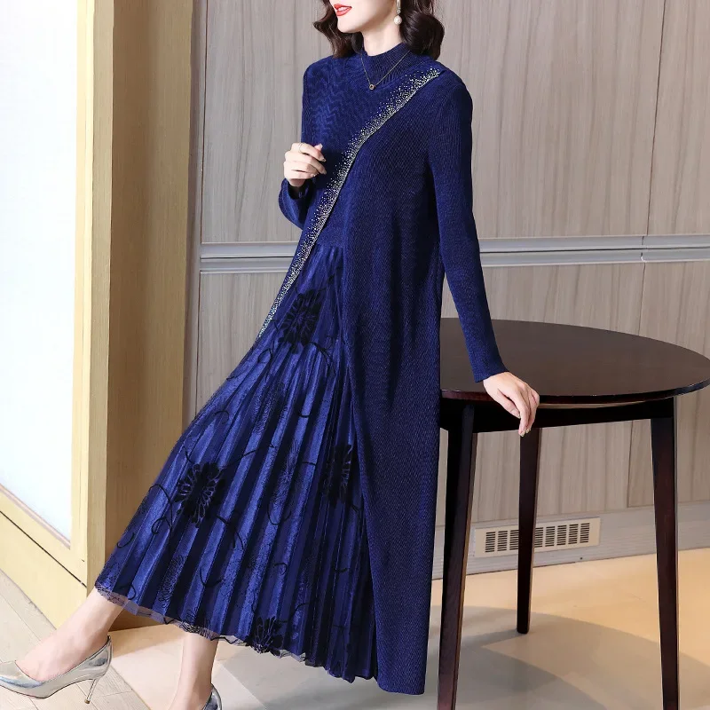 

Miyake Pleated Two-Piece Women Elegant Socialite Autumn and Winter Dress 2023 New Pleuche Long Sleeve plus Size Dresses Suit