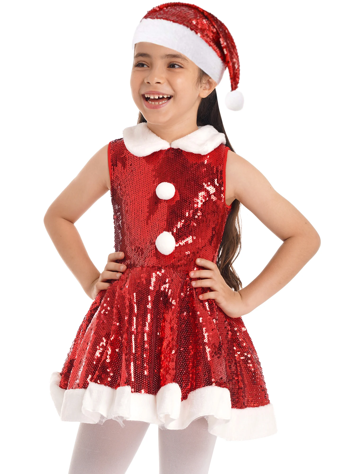 

Kids Girls Sequins Christmas Cosplay Tutu Leotard Dress Xmas New Year Fancy Party Stage Performance Costume with Santa Claus Hat