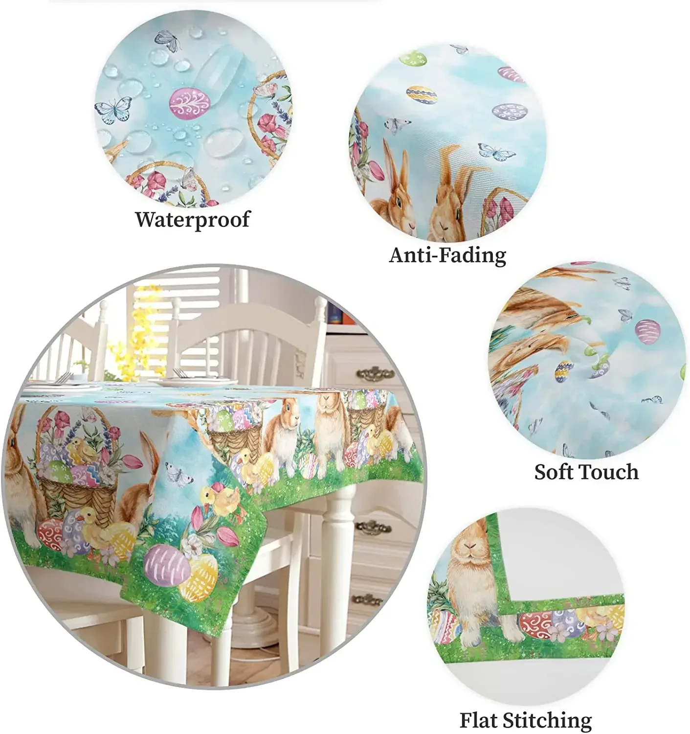 Easter Bunny Eggs Butterfly Rectangle Waterproof Tablecloth Party Decor Spring Farmhouse Kitchen Tablecloth Easter Decorations 5