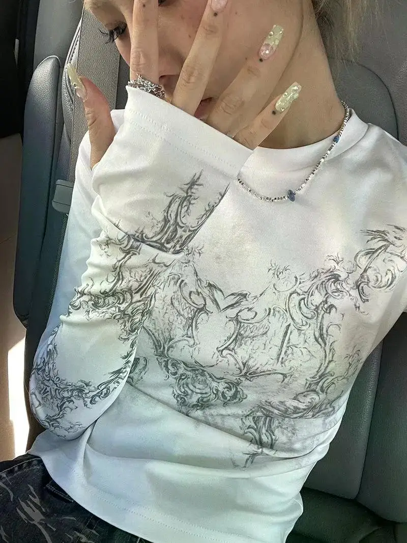 Description Picture 4 of itemVintage Women Clothes Y2K T-shirts 2024 Blusas O-neck Long Sleeve Print Tunic Woman Clothing Fashion Casual Crop Tops Shirts