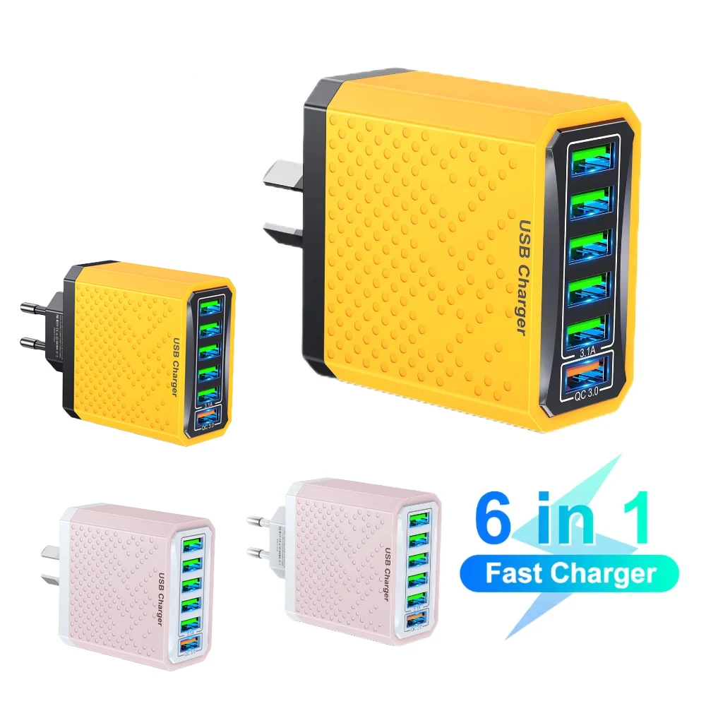 Caricabatterie Usb A 6 Porte Au/Us/Eu/Kr/Uk Adattatore Per Spina Ricarica Del Telefono Smart Phone Per Iphone Samsung Xiaomi Tablet Caricatore Usb Col