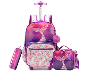 Travel Trolley Backpack Carry on Bag Rolling Backpack for Girls Mermaid Kids Rolling Backpack Girls Trolley School Bag on Wheels 1