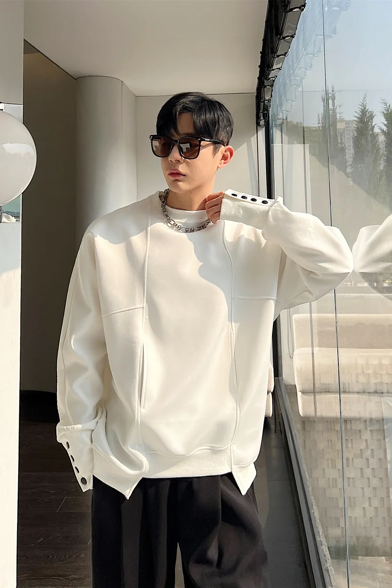 Autumn Fashion Cuff Multi-Button Sweatshirts Men's Irregular Design Pullover Leisure Fashion Long Sleeve Contrast Color Tops