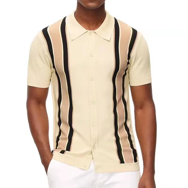 New Stripe Men Summer Shirt Hot White Print Knit Cotton Short Sleeve Tops Casual Daily Chic Luxury Tees Shirts Male Clothing