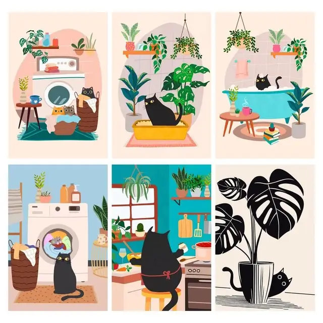 CHENISTORY Paint By Number Black Cat Plant Illustration Drawing On Canvas HandPainted Art Gift DIY Pictures By Number Kits Home 1