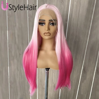 Ombre Pink Wig Long Silky Straight Lace Front Wigs for Women 13x4 Glueless Natural Hairline Colored Lace Hair Daily Wear Cosplay