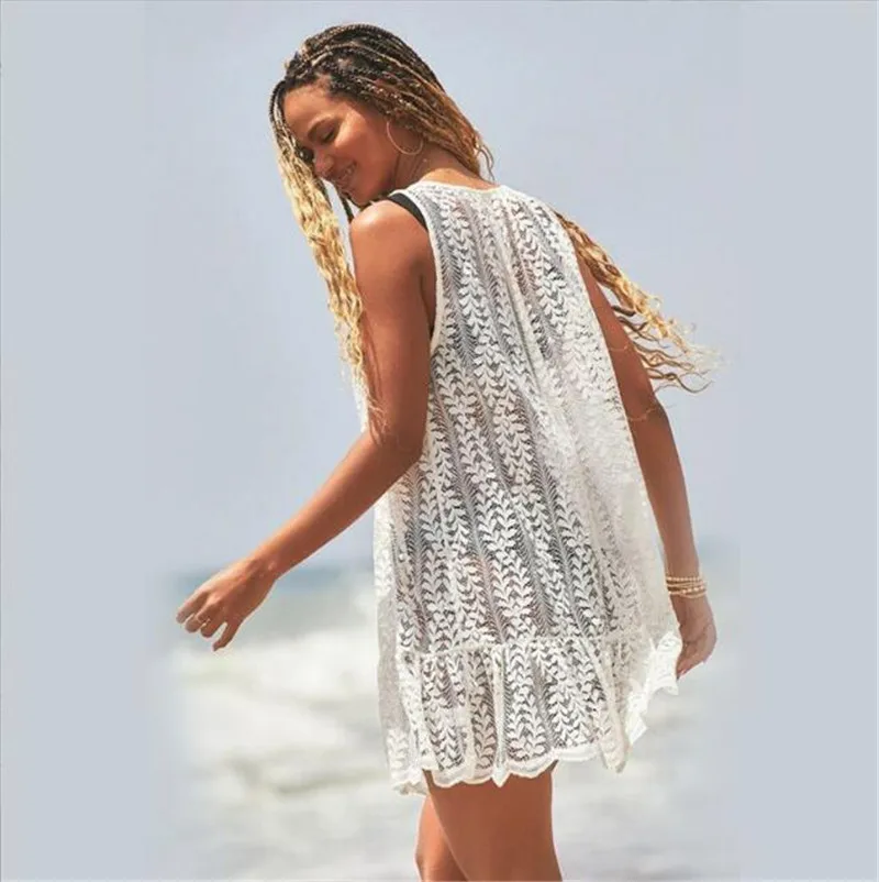 Sheer Lace Swimsuit Beach Cover up Sexy V Neck See Through  Sleeveless Clothes Women Summer Mini Dress Beachwear Bikini Cover-up