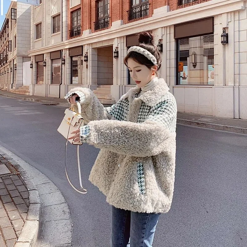 Women Autumn Winter Latest Lamb Coat  Female Loose Fashion Stitching Houndstooth Korean Thickened Faux Fur Cotton-Padded Jacket